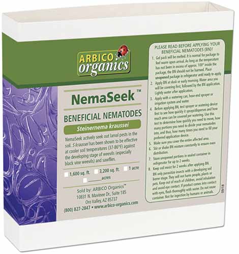 A close up of the packaging of NemaSeek Beneficial Nematodes isolated on a white background.