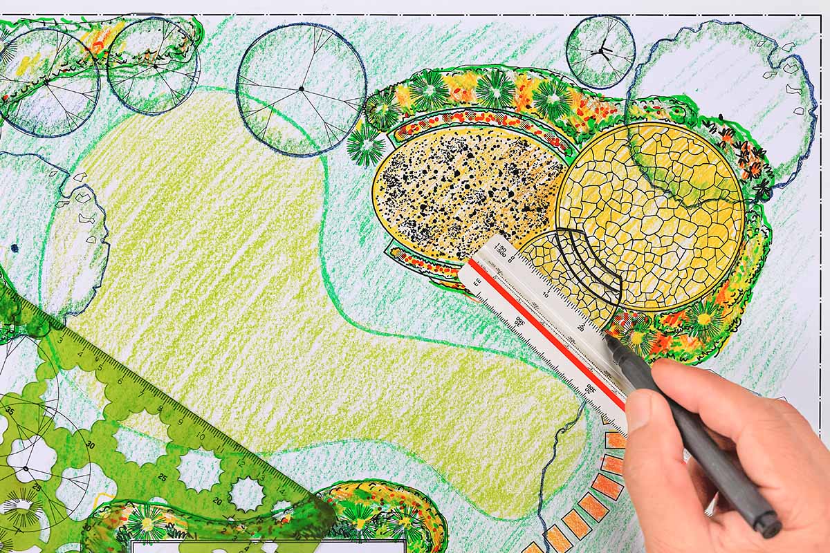 A close up horizontal image of a hand-drawn illustration of a garden plan.