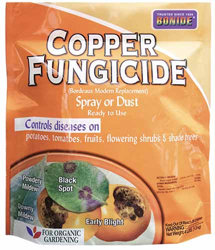 A close up of a bag of Bonide Copper Fungicide isolated on a white background.