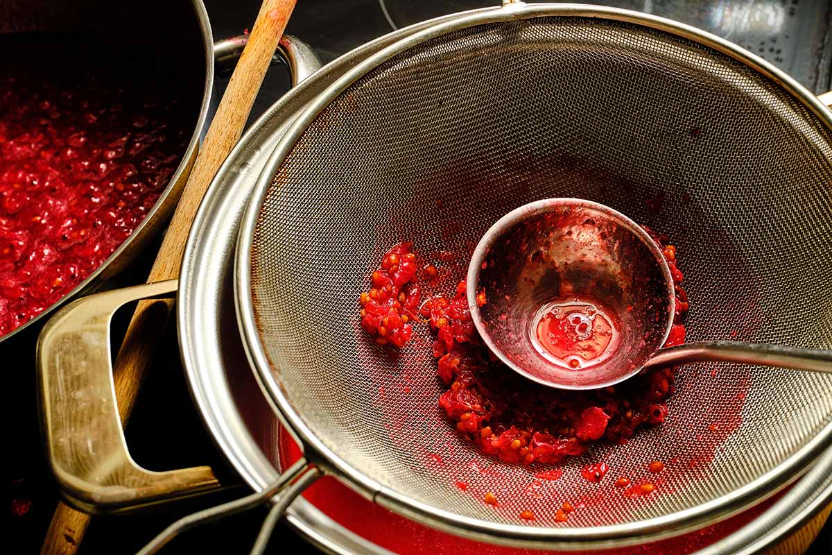 A close up horizontal image of berries being strained into a cooking pot.