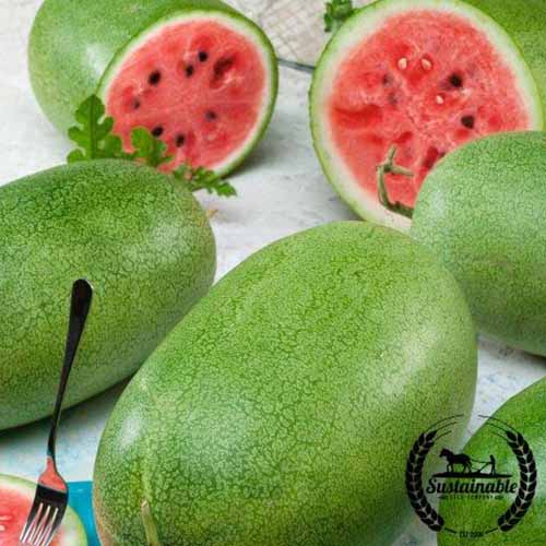 A close up square image of 'Sweet Princess' watermelons whole and sliced in half. To the bottom right of the frame is a black circular logo with text.