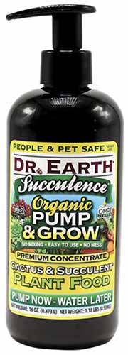 A close up of a bottle of Dr Earth Succulence isolated on a white background.