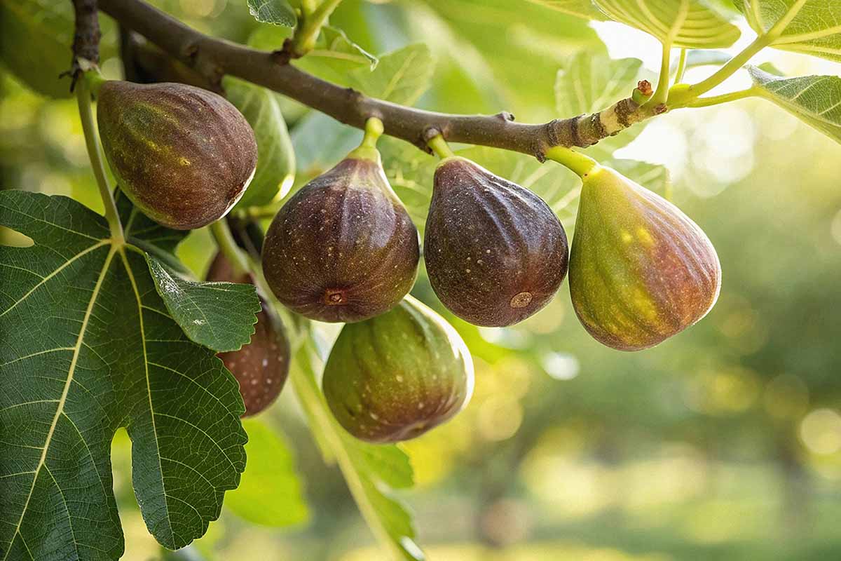 A close up horizontal image of figs ripening on the branch pictured in light sunshine on a soft focus background.