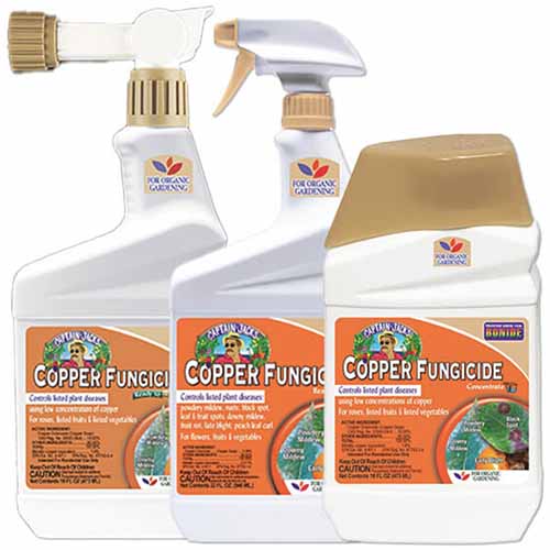 A close up of three different sized bottles of Bonide Copper Fungicide isolated on a white background.