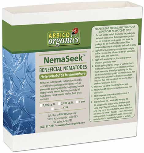 A close up horizontal image of the packaging of NemaSeek Beneficial Nematodes isolated on a white background.