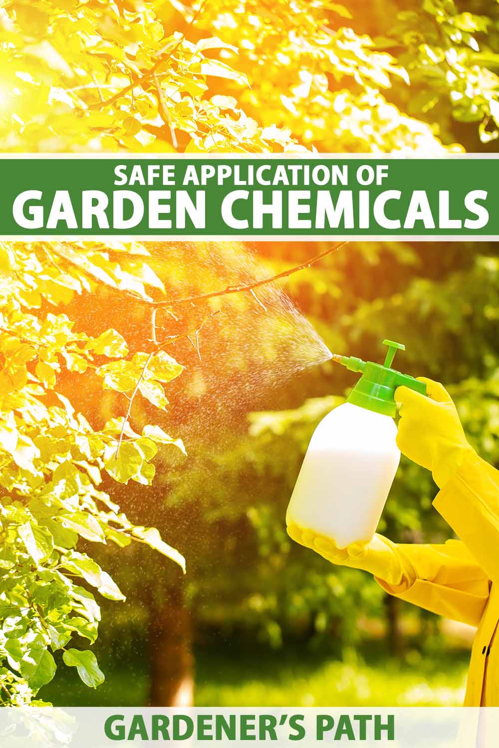 A vertical image of a gardener wearing protective equipment on the right of the frame spraying chemicals onto a tree in the garden. To the top and bottom of the frame is green and white printed text.
