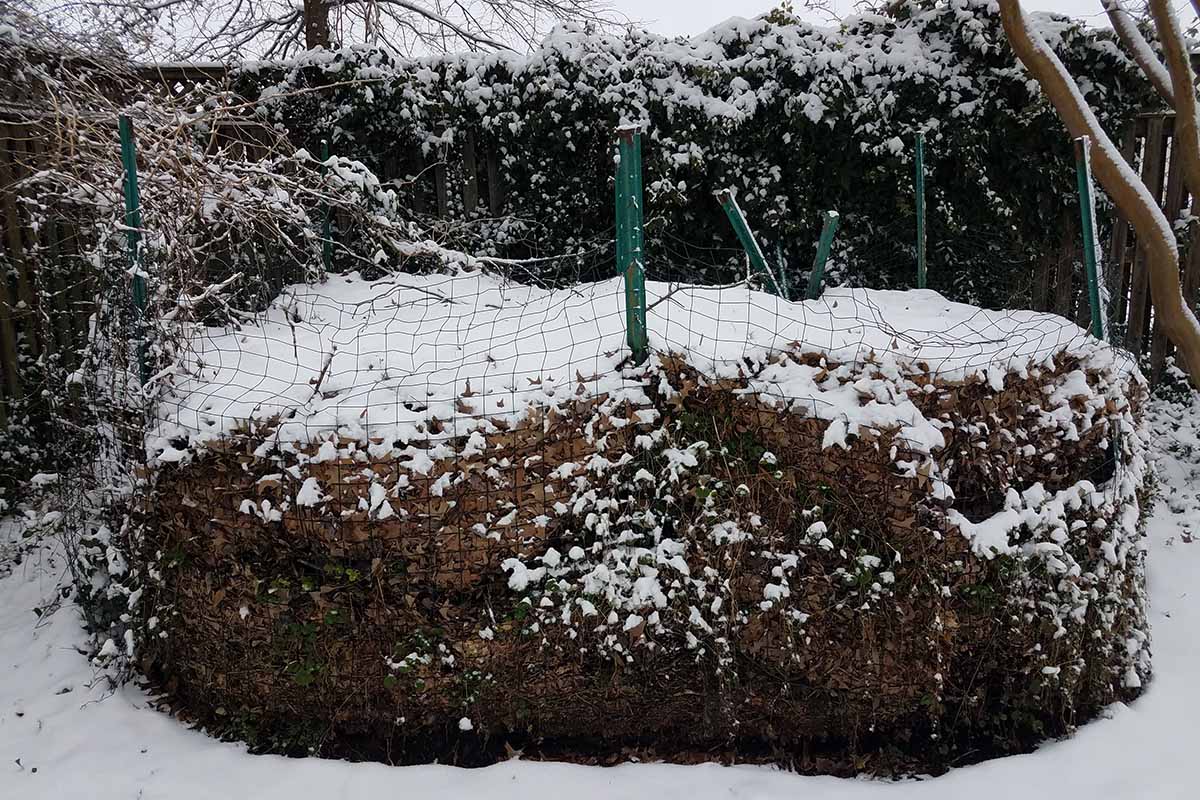 A close up horizontal image of a compost pile in the winter, covered in snow.