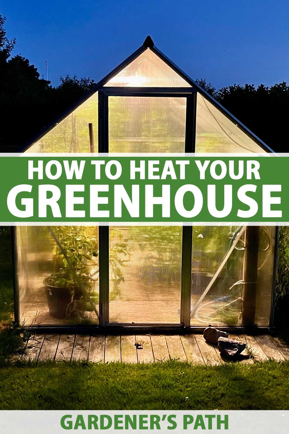 A close up vertical image of a greenhouse at night with lights and heat inside it keeping the plants warm. To the center and bottom of the frame is green and white printed text.