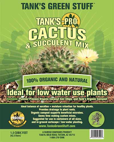 A close up of the packaging of Tank's Pro Cactus and Succulent mix isolated on a white background.